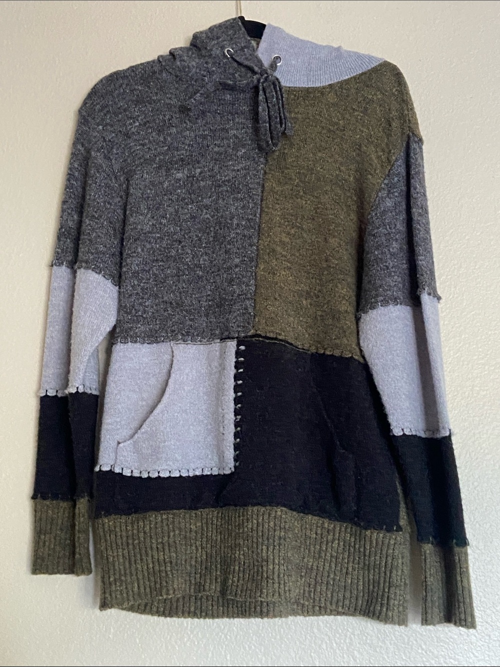 Baciano Patchwork Sweater Hoodie in Gray, Olive & Black, Oversized Small